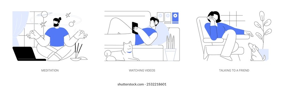 Free time isolated cartoon vector illustrations set. Man meditating in front of laptop, lotus pose, practice meditation, watch videos online, woman talking to friend with smartphone vector cartoon.