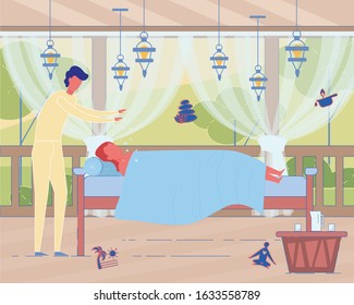 In Free Time, Learn New Way to Treatment Reiki. Man in Light Clothes Hold Hands over Woman, Sheltered by Sheet in Alternative Medicine Center. Couch Located on Veranda with Tulle and Lanterns.