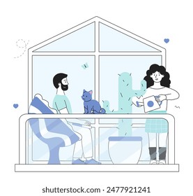 Free time on balcony. Man sitting with cat on his lap, woman watering cactus. Rest outdoors. Young couple spending time together. Linear flat vector illustration isolated on white background