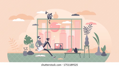 Free time vector illustration. Relaxing at home flat tiny person concept. Break from work with tea pause for leisure and recreation. Urban apartment scene with book reading and movies watching process