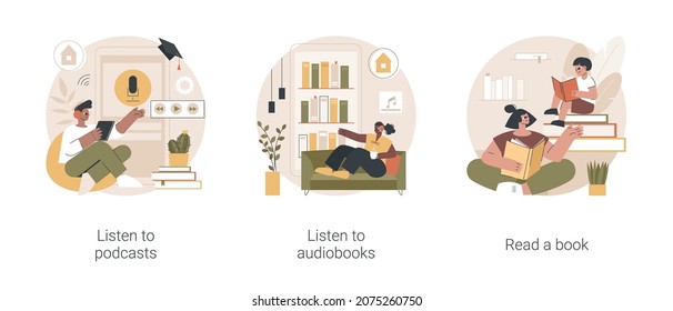 Free time while coronavirus quarantine ideas abstract concept vector illustration set. Listen to podcasts or audiobooks, read a book with children, audio programmes, home library abstract metaphor.