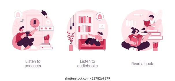 Free time while coronavirus quarantine ideas abstract concept vector illustration set. Listen to podcasts or audiobooks, read a book with children, audio programmes, home library abstract metaphor.