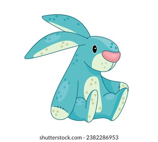 Free toy for children. Blue plush rabbit for boys and girls. Teddy mascot. Sticker for social networks and messengers. Cartoon flat vector illustration isolated on white background