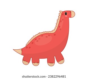 Free toy for children. Red fluffy dinosaur. Plush mascot for kids. Fun, entertainment and leisure. Graphic element for website. Cartoon flat vector illustration isolated on white background