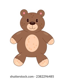 Free toy for children. Teddy bear for kids. Fun, entertainment and leisure. Plush mascot. Graphic element for website. Cartoon flat vector illustration isolated on white background