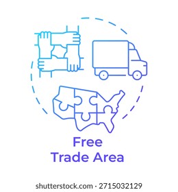 Icono de concepto de gradiente azul del área de libre comercio. Organización logística. Distribución de Producto. Ilustración de línea de forma redonda. Abstractas idea. Diseño gráfico. Fácil de usar en el artículo, folleto