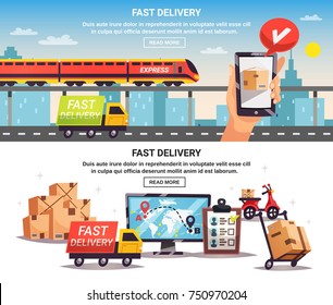 Free train truck shipment fast delivery service with online tracking 2 horizontal banners design isolated vector illustration 