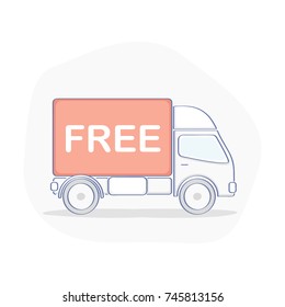 Concepto de icono de transporte gratuito o de camioneta de entrega. El coche lleva un contenedor con la inscripción "Libre". Concepto de ilustración vectorial plano sobre fondo blanco, icono de moda de calidad superior.