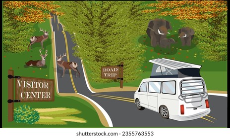  Free travel creative long road travel with Nature, Forest,Explore animals, deer, elephants, plants. and the natural environment.Vector flat illustration
