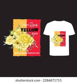Free Trendy Tshirt Graphics. Yellow Flower with Spring quote on Red yellow vintage shape. Tshirt for young modern urban.