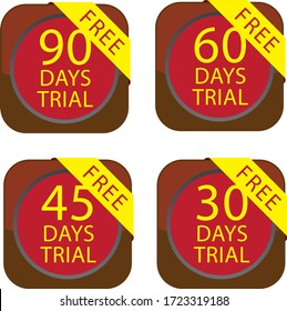 Free trial badges. 30, 45, 60, and 90-day stickers. Vector illustration
