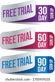 Free trial badges. 30, 60, and 90-day stickers. Vector illustration
