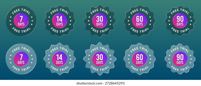 Gratis con insignias de Prueba conjunto de Vector de vidrio líquido. Prueba de demostración. Oferta gratuita