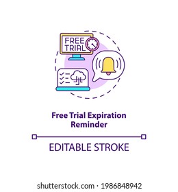 Free trial expiration reminder concept icon. Free SaaS trial marketing idea thin line illustration. Sending warning emails. Users notifying. Vector isolated outline RGB color drawing. Editable stroke