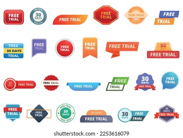 Free with trial icons set cartoon vector. Demo test. Free offer