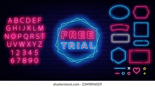 Free trial neon label. Geometric frames collection. Shiny pink alphabet. Promotion sign. Subscribe gift. Glowing banner on brick wall. Editing text. Vector stock illustration