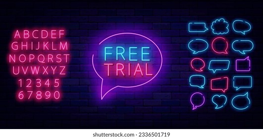 Free trial neon label. Speech bubble frames collection. Shiny pink alphabet. Subscribe sign. Glowing banner on brick wall. Editable stroke. Vector stock illustration