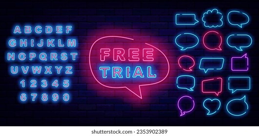 Free trial neon label. Speech bubbles frames collection. Shiny blue alphabet. Promotion sign. Subscribe gift. Glowing banner on brick wall. Editing text. Vector stock illustration