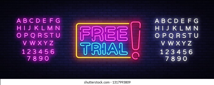 Free Trial Neon Text Vector. Free Trial neon sign, design template, modern trend design, night neon signboard, night bright advertising, light banner, light art. Vector. Editing text neon sign