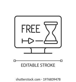 Free trial option linear icon. Free one month service. Limited, seven-day demo version. Thin line customizable illustration. Contour symbol. Vector isolated outline drawing. Editable stroke