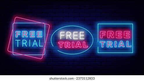 Free trial signs collection. Geometric square frames. Surprise for followers, subscribe now. Gift and surprise. Glowing banner on brick wall. Editing text. Vector stock illustration