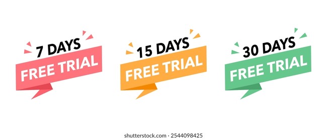 Free trial stickers for 7 15 and 30 days in flat design vector.