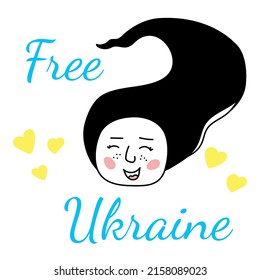 Free Ukraine. Smiling girl with blue-yellow national colors, sign of country independence and democracy. Patriotic symbol of hope victory over Russia in the war 2022. Minimalism. Isolated. Vector