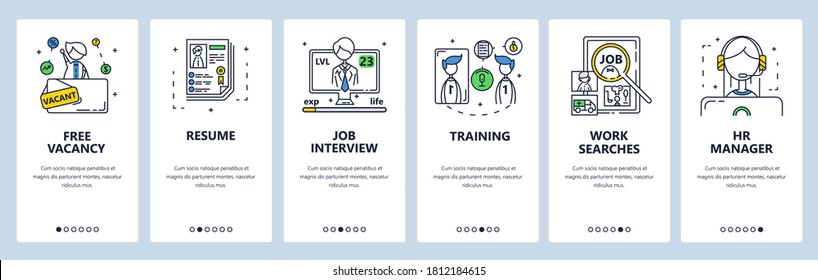 Free vacancy, job candidate interview, resume, work search, hr manager, training, hiring. Mobile app screens. Vector banner template for website and mobile development. Web site design illustration.