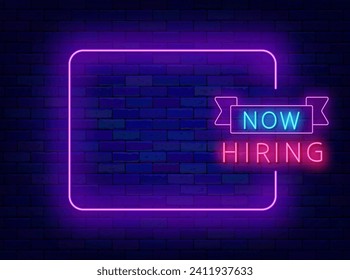 Free vacancy neon invitation. Work greeting card. Empty purple frame and now hiring text. We need you banner. HR design. Job searching. Glowing flyer. Editable stroke. Vector stock illustration