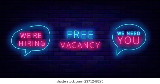 Free vacancy neon labels collection. We need you. Job searching design. Recruitment banner. We are hiring. Glowing flyer. Luminous advertisings set. Editable stroke. Vector stock illustration