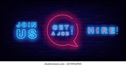 Free vacancy neon labels collection. Hire, join us and get a job. Job searching design. Recruitment banner. Glowing flyer. Luminous advertisings set. Editable stroke. Vector stock illustration