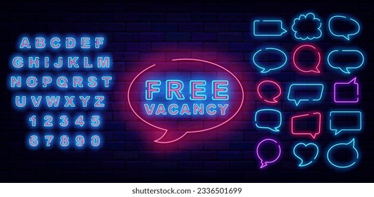 Free vacancy neon sign. Luminous turquoise alphabet. Speech bubbles frames set. Welcome to our team. Job searching. Recruitment banner. Glowing flyer. Light advertising. Vector stock illustration