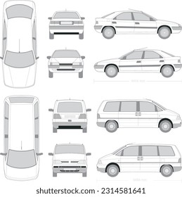 Free vector car van mockup set with isolated realistic images of automobile from different angles