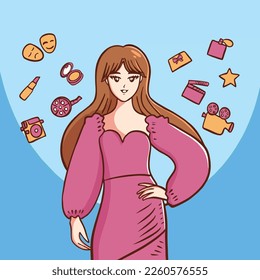  	
Free vector cartoon of famous  actress celebrities on red carpet beautiful woman in long dress