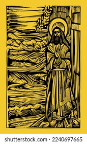 Free vector christ bible story composition jesus in the style of lino print. Jesus vector for tshirt print, good friday