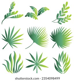 Free vector collection of silhouette illustrations of tropical leaf shapes in green gradient colors