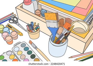 Colección vectorial libre de varias herramientas de arte en la mesa