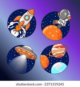 Free vector comic space ufo rocket astronout planet sticker collection concept stickerpack