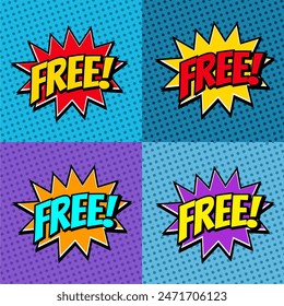 Free - vector comic style tag collection. Free label on bang comic balloon - Pop art style discount promotion banner. Vector illustration.