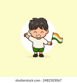 Vector gratis chico lindo sosteniendo la bandera india. Vector del Día de la Independencia Indio. Caricaturas de Chibi.