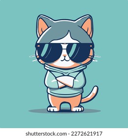 Vector libre lindo gato fresco que usa anteojos y capucha 