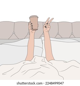 Free vector drinking coffee on the bed with happy hands and just getting up late