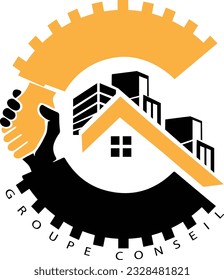 Logotipo libre de excavadora vectorial y de construcción con edificios