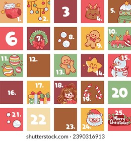 Kostenloser Vektor-Flachdesign-Adventskalender mit Weihnachtselementen
