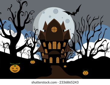 free vector halloween night, pumpkin vintage castle and flying bats. Halloween haunted house background with hand drawn moon.