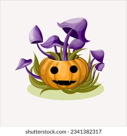 Calabaza vectorial libre de halloween y algunos hongos frescos estilo de caricatura sobre fondo blanco.
