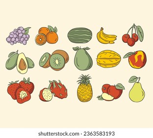 Colección libre de frutas obtenidas a mano por vectores