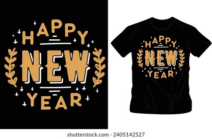 Libre vector feliz año nuevo tipografía de texto diseño de camiseta para fiesta, noche de año nuevo, listo para imprimir