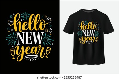 Free vector hello new year 2025 text typography t-shirt design.
