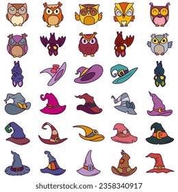 Free vector illustration collection of Halloween theme stickers, owls, witch hats and bats